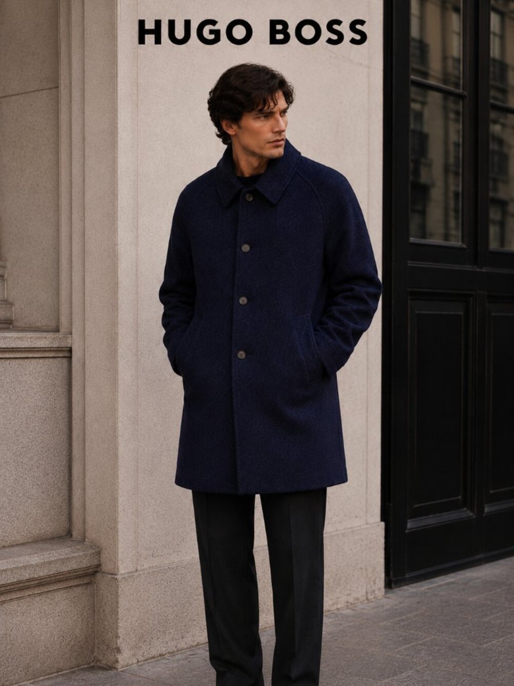 BOSS Hugo Boss Alpaca Virgin Wool Coat Men’s Size 50 Navy Blue Luxury Overcoat